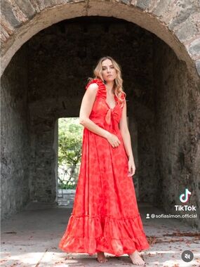Red Ruffled Tie-Front Maxi Dress